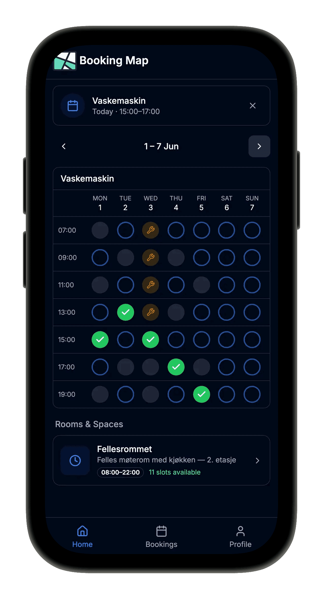 Booking Map kalendergrensesnitt som viser tilgjengelige tidsluker, ressurstilgjengelighet og intuitiv bookingprosess for møterom og utstyr